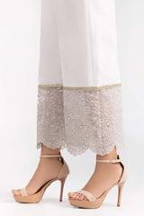 White Raw Silk Embroidered Trousers TR-22-28