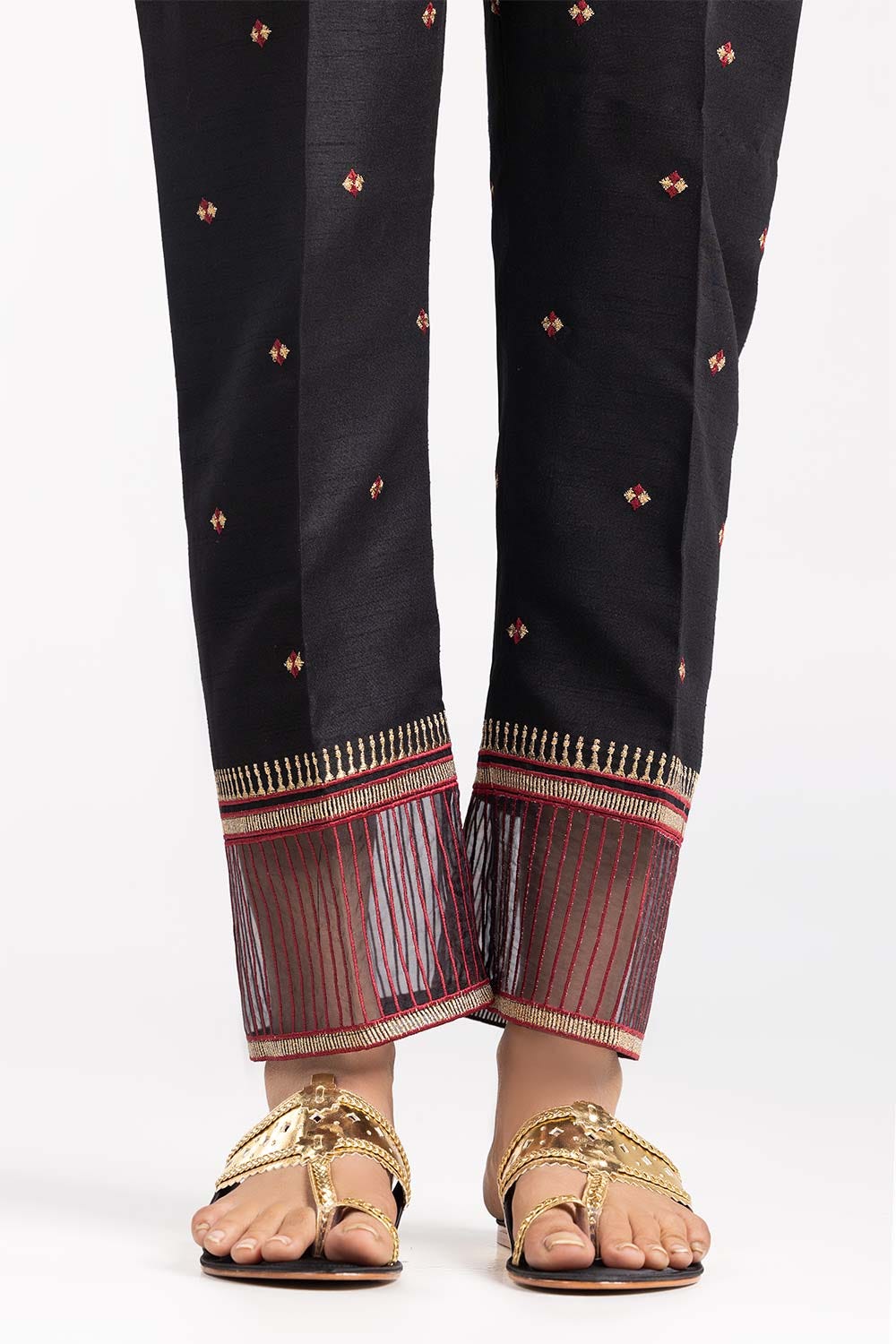 Black Embroidered Raw Silk Trousers TR-22-35