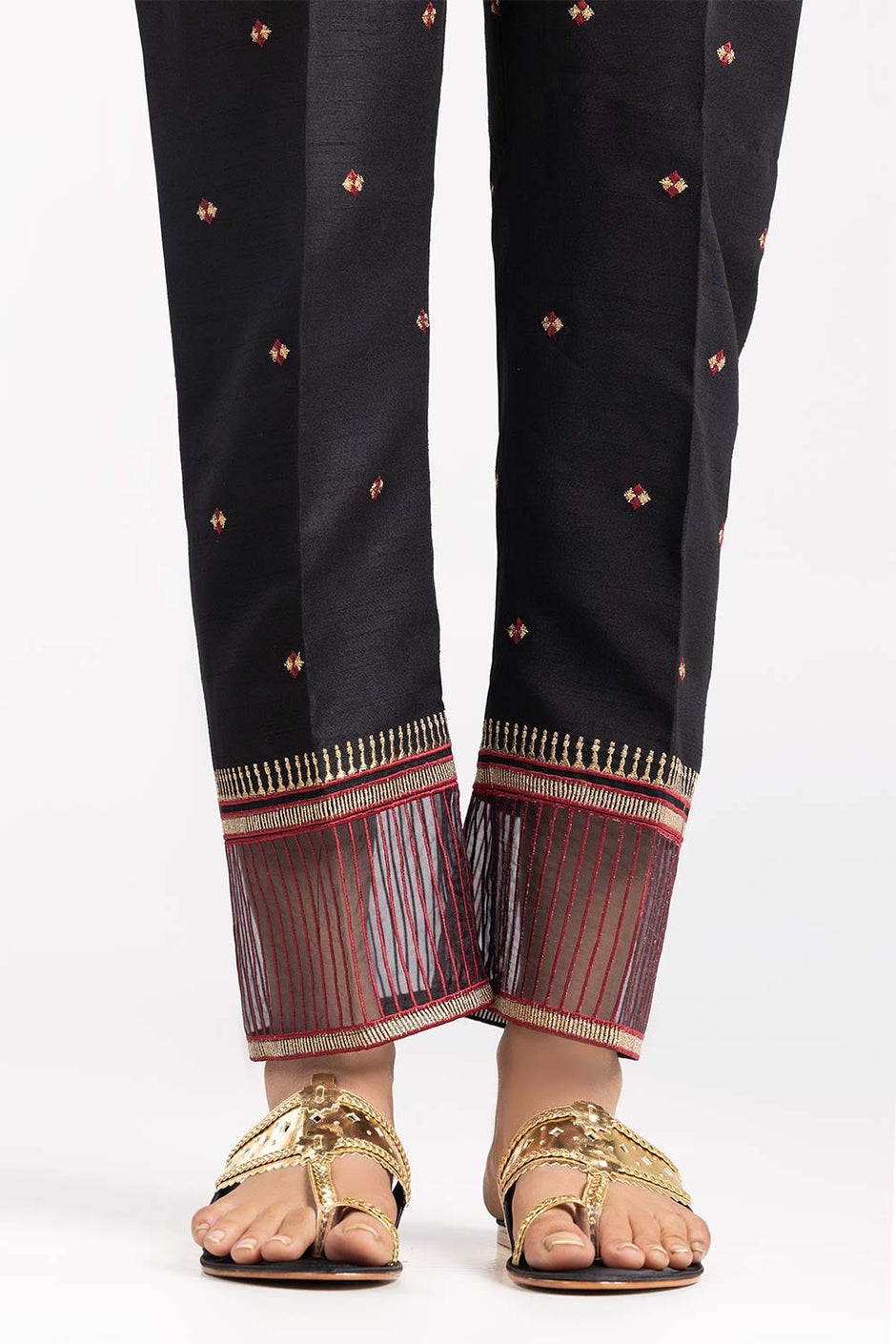 Black Embroidered Raw Silk Trousers