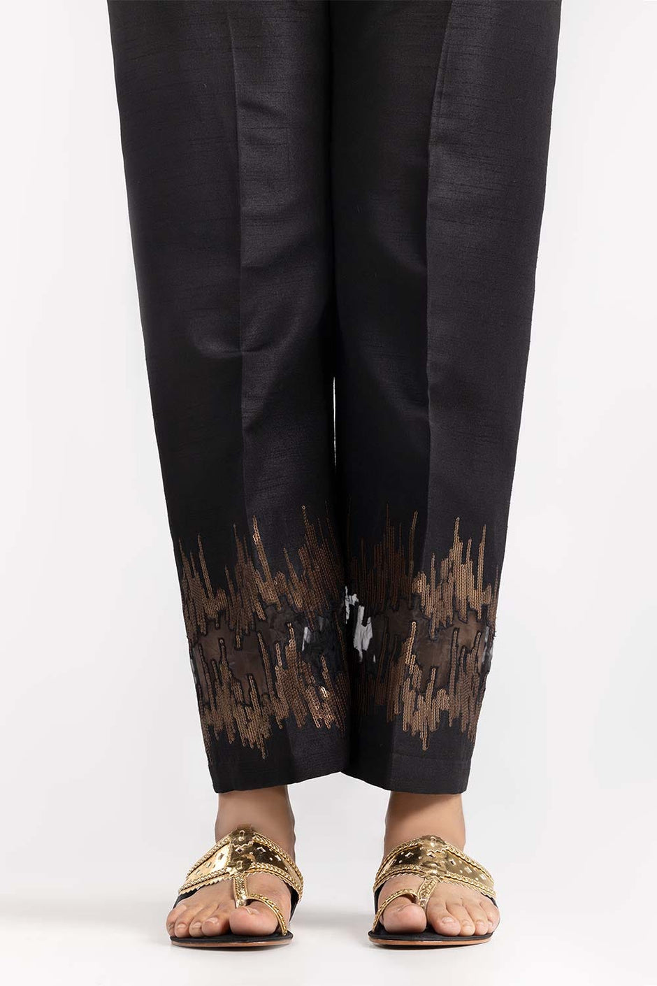 Black Embroidered Raw Silk Trousers