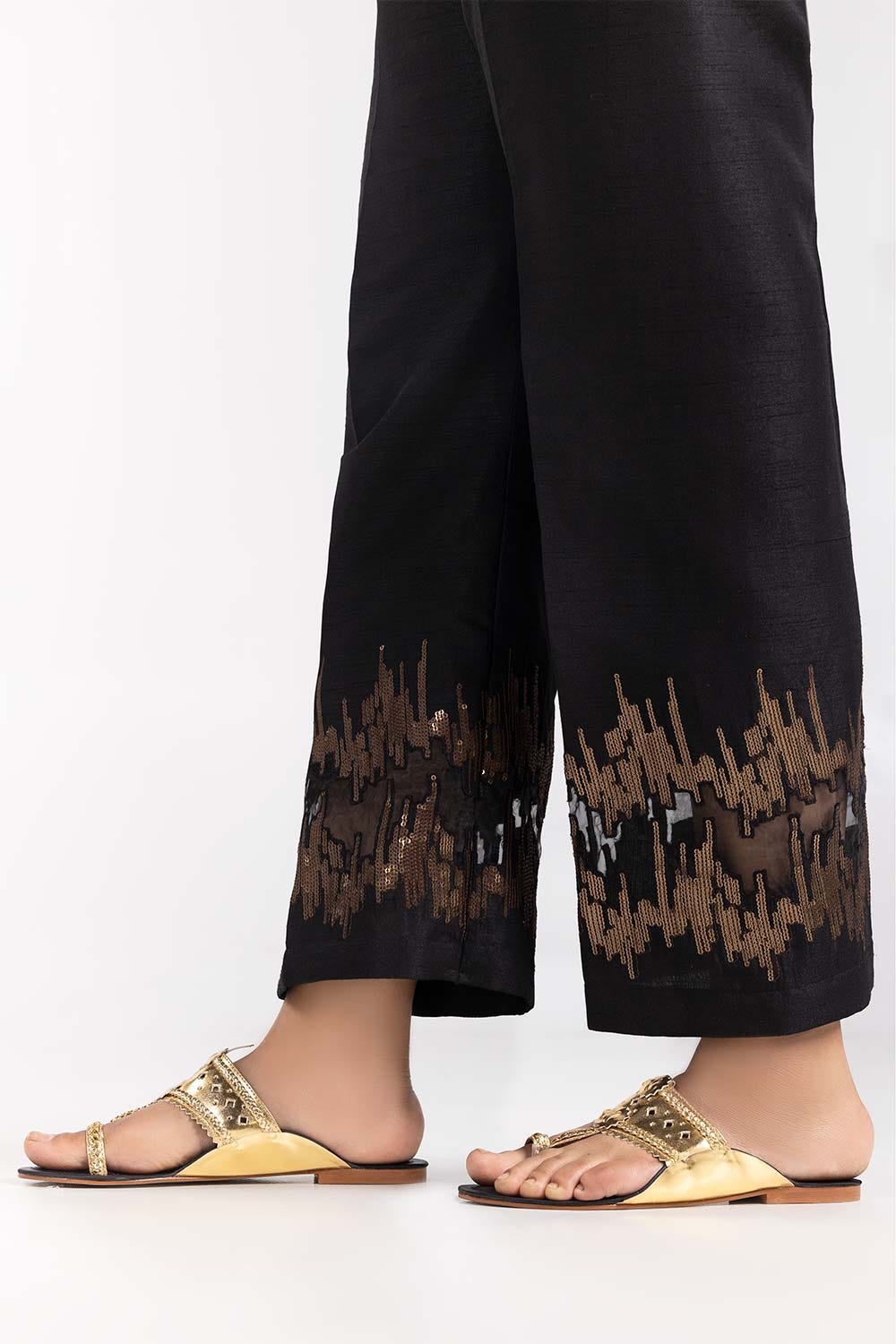 Black Embroidered Raw Silk Trousers TR-22-36