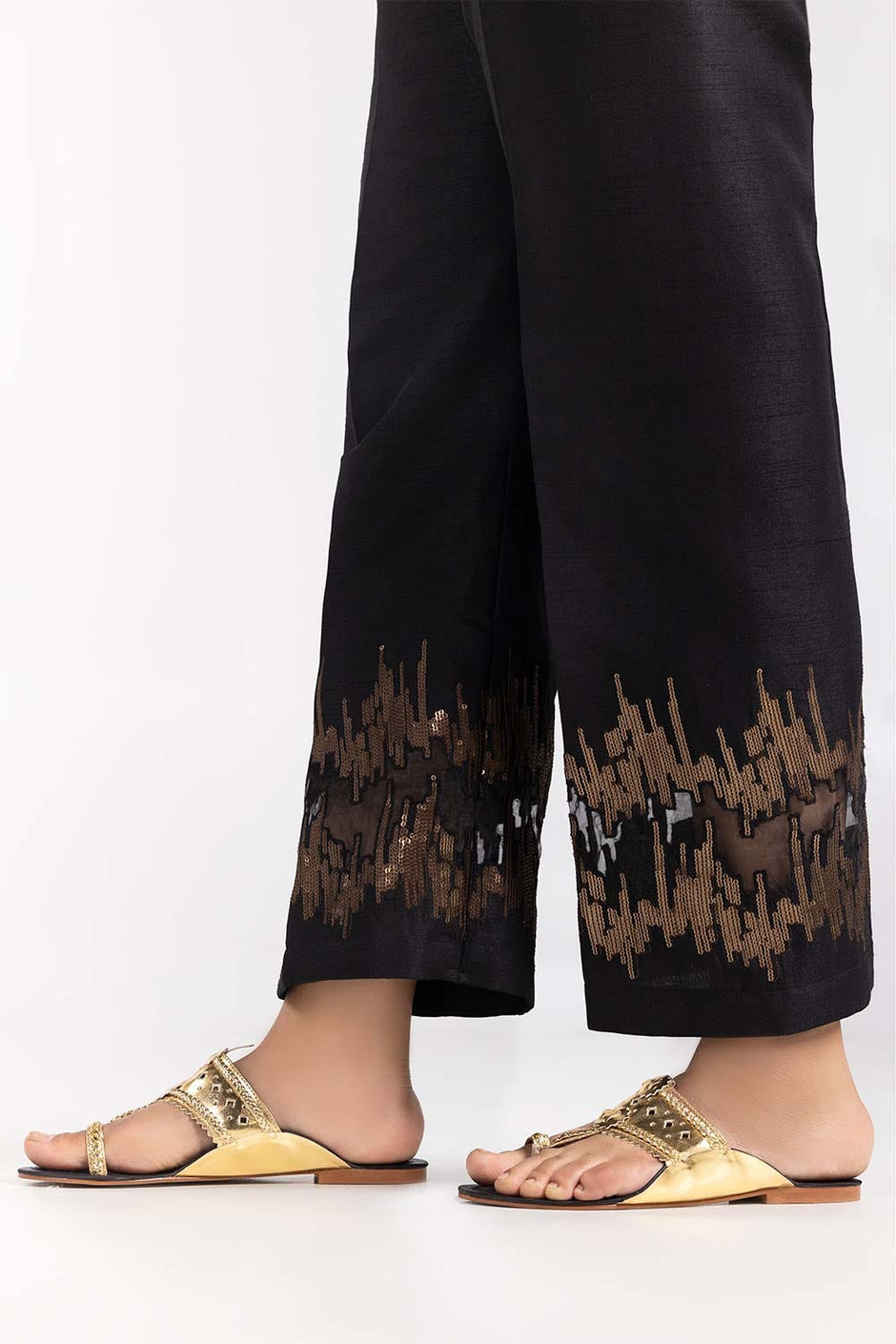 Black Embroidered Raw Silk Trousers