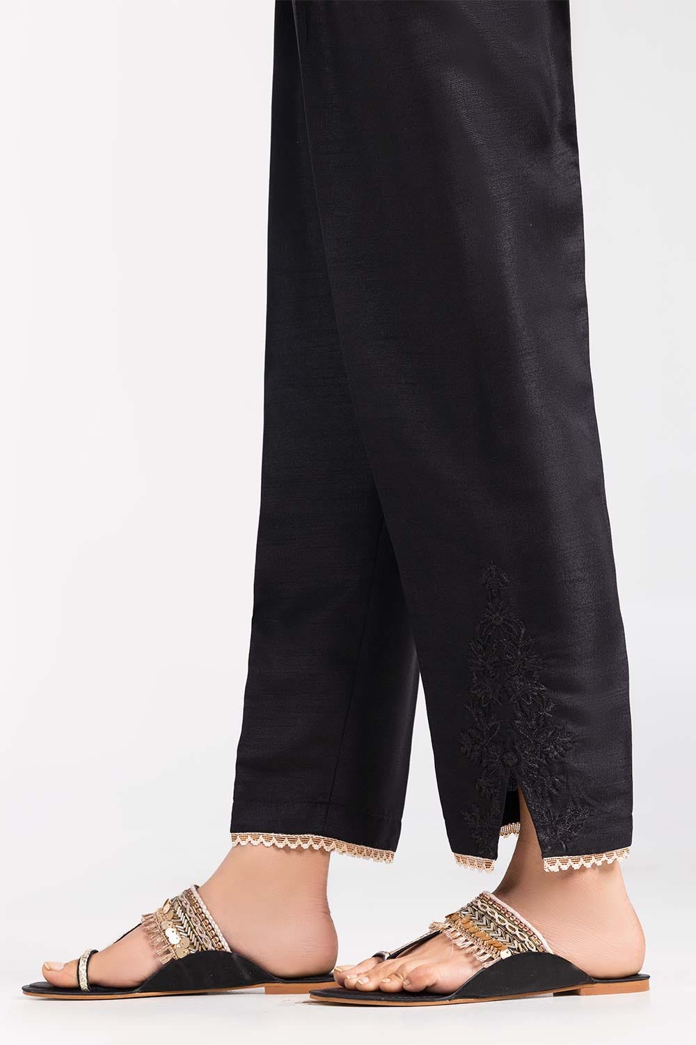 Black Embroidered Raw Silk Trousers TR-22-38