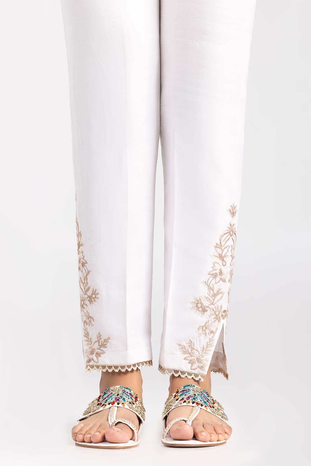 White Embroidered Raw Silk Trousers TR-22-38