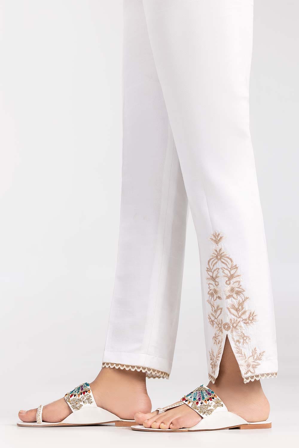 White Embroidered Raw Silk Trousers TR-22-38