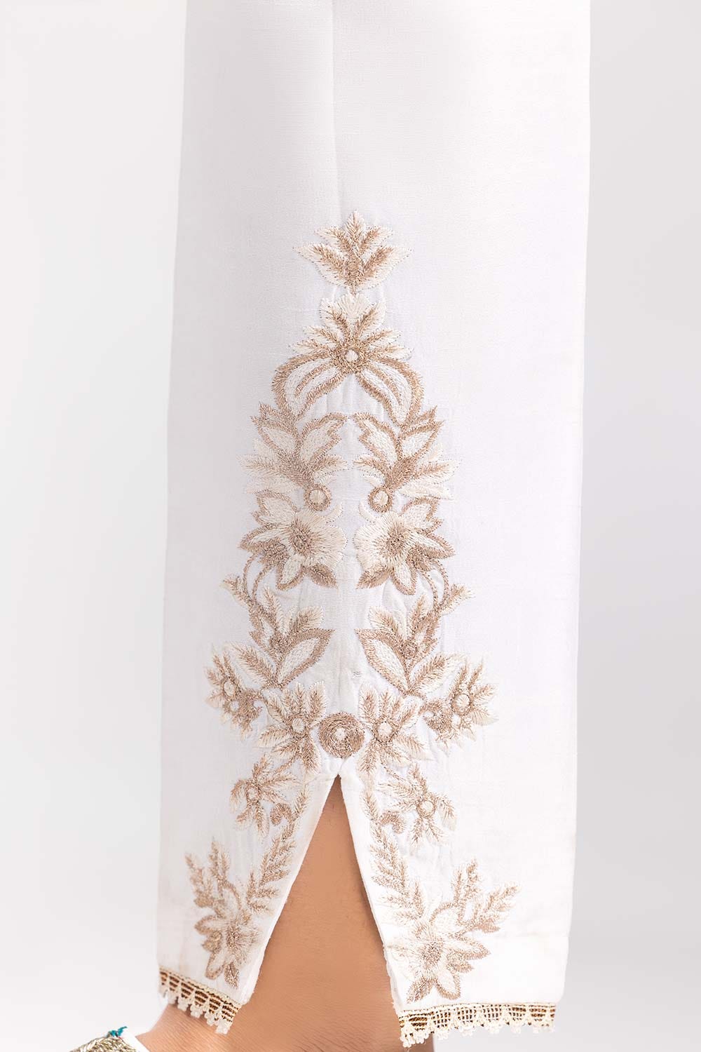 White Embroidered Raw Silk Trousers TR-22-38