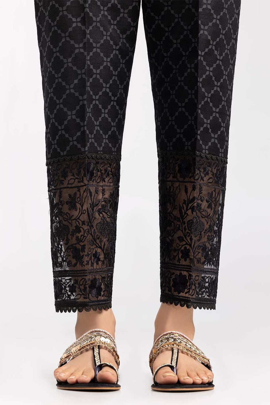Black Embroidered Raw Silk Trousers