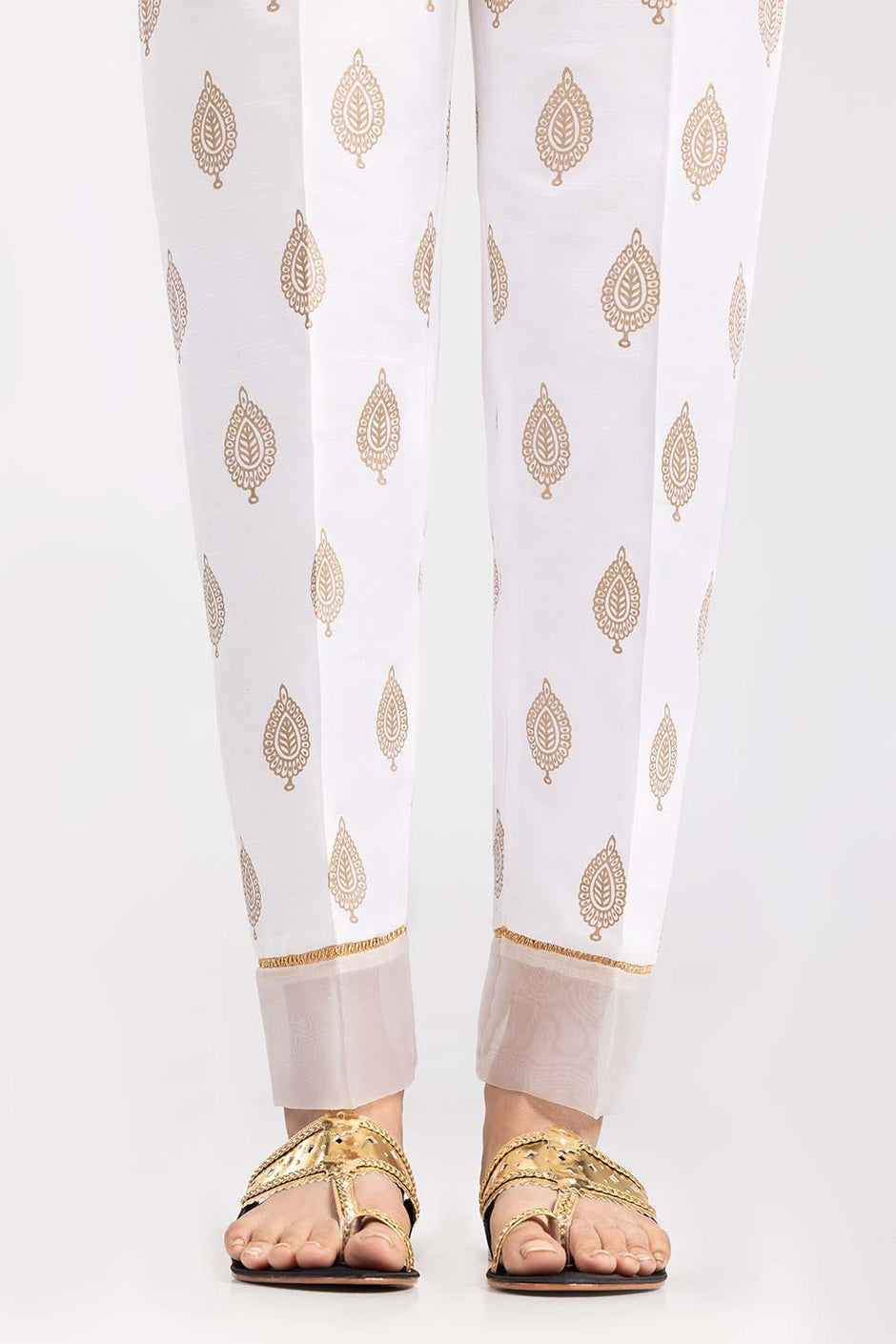 White Screen Printed Raw Silk Trousers