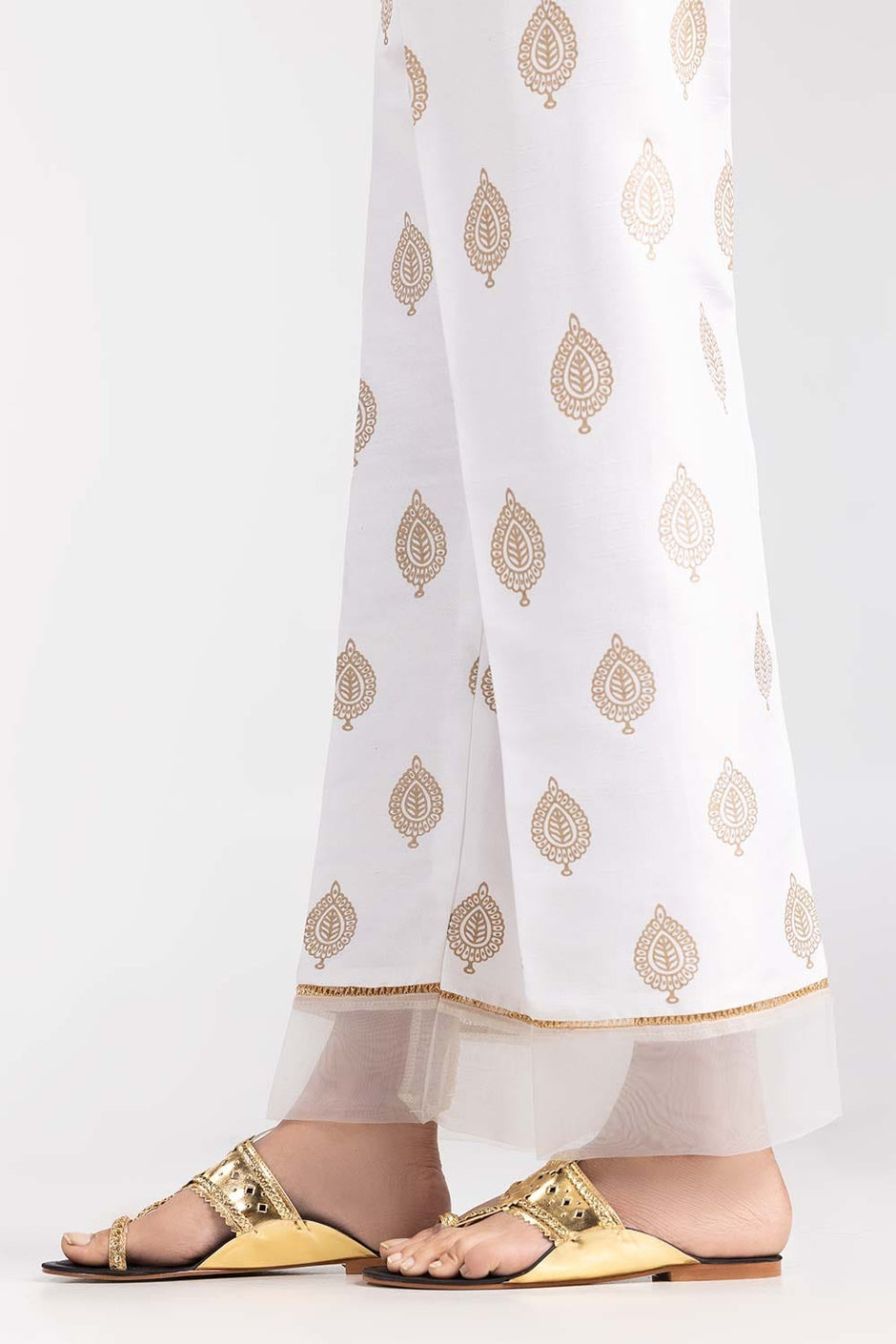 White Screen Printed Raw Silk Trousers
