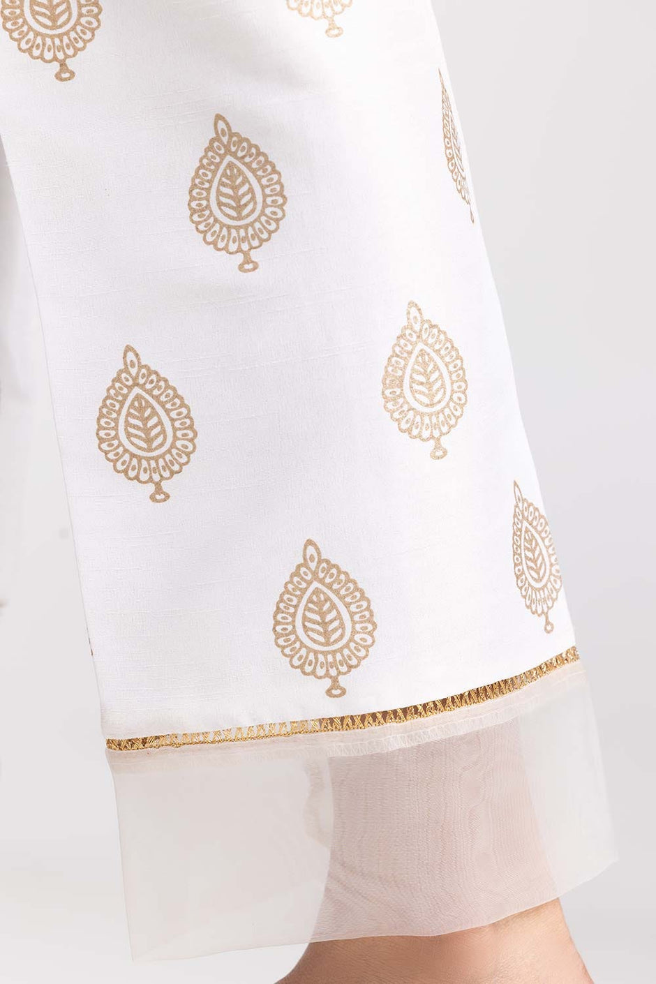 White Screen Printed Raw Silk Trousers