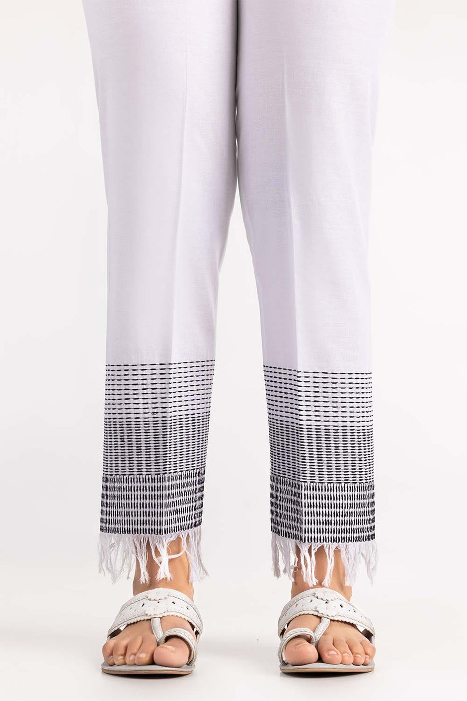 Off White Cambric Embroidered Trousers