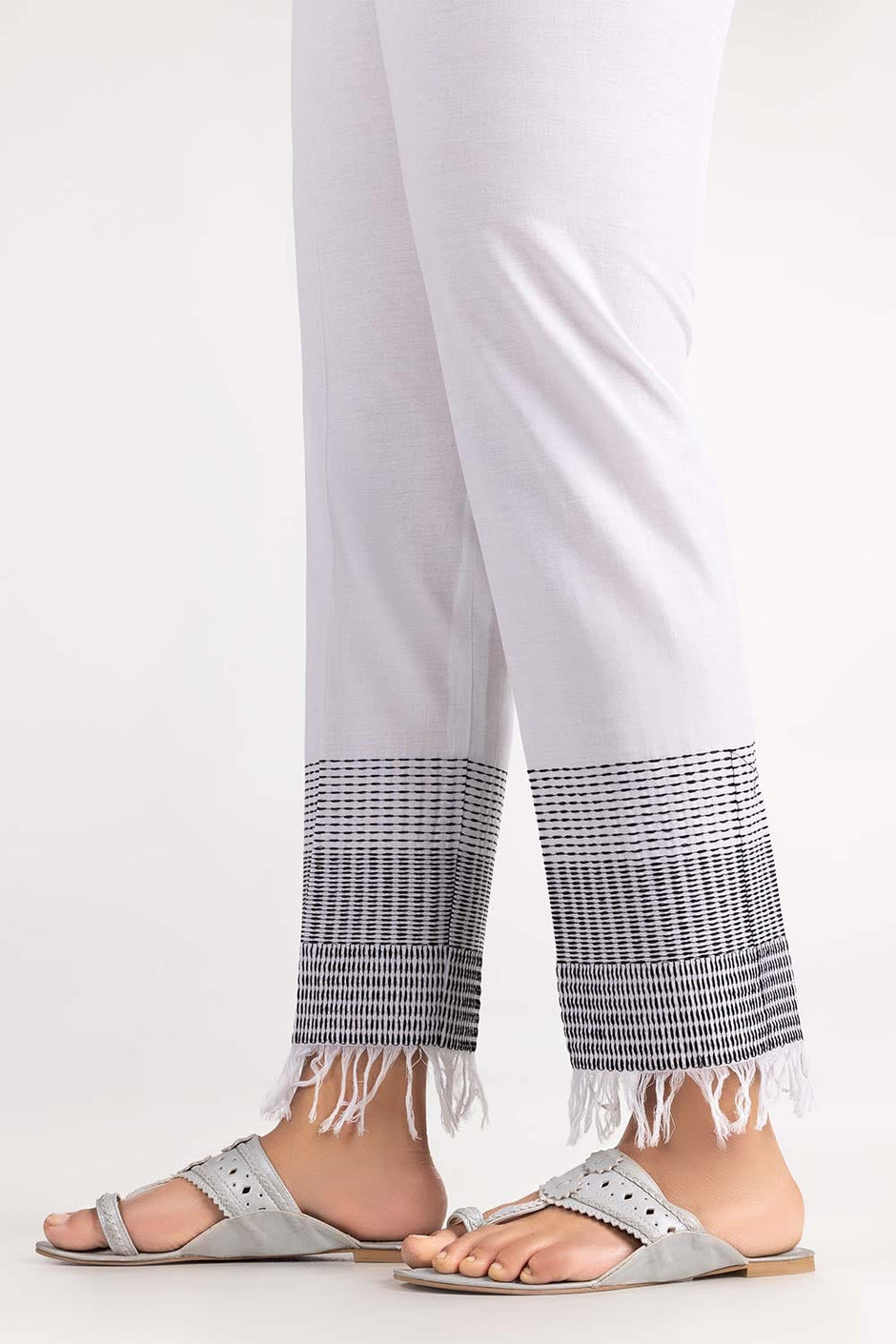 Off White Cambric Embroidered Trousers