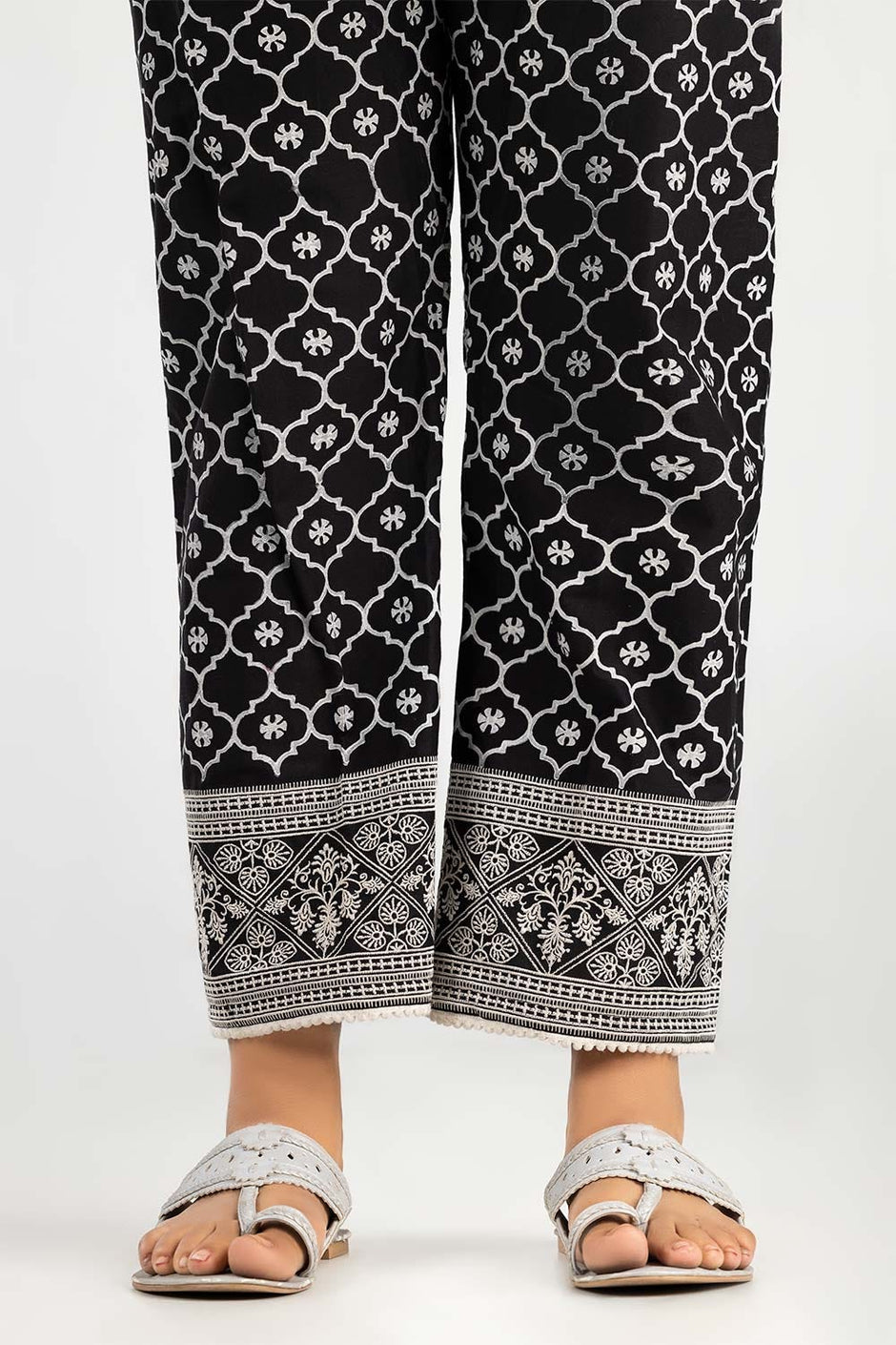 Black Screen Printed Embroidered Trousers