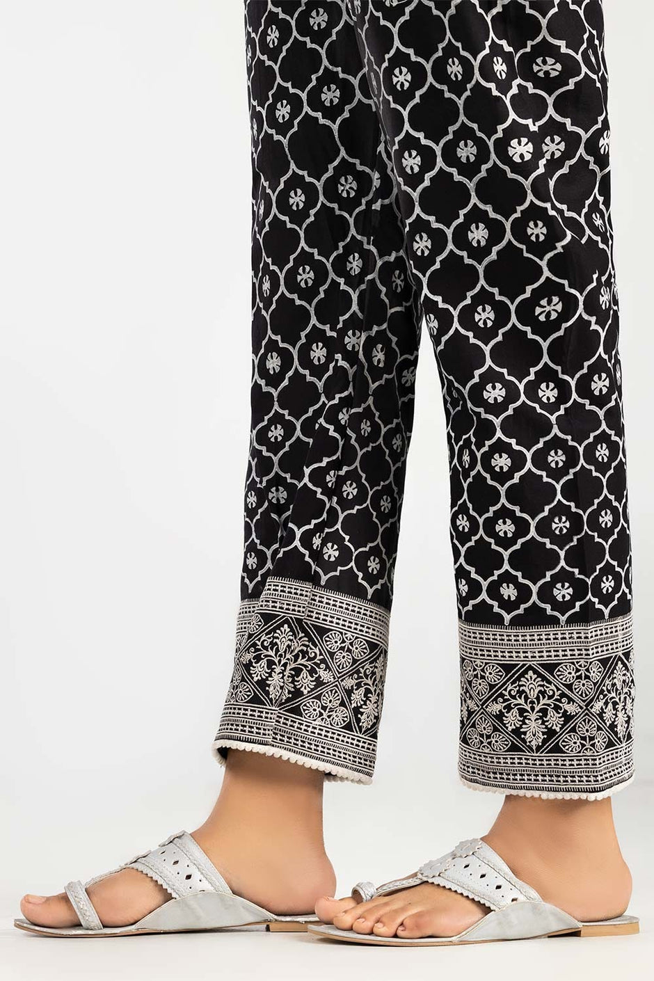 Black Screen Printed Embroidered Trousers