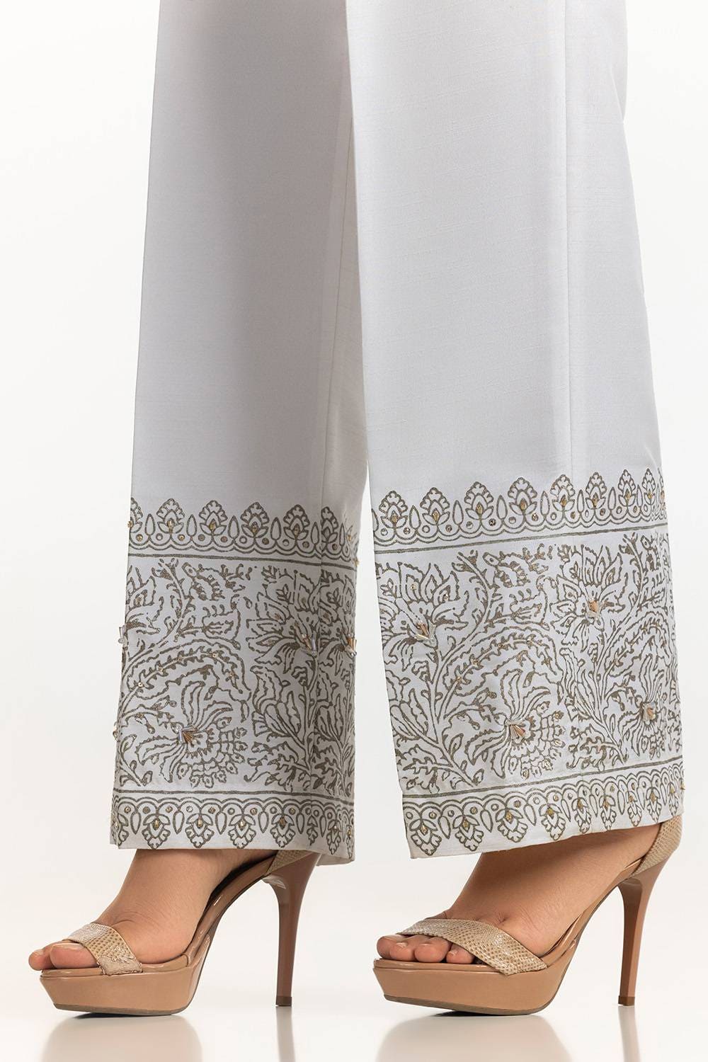 White Rawsilk Block Printed Trouser TR-24-23