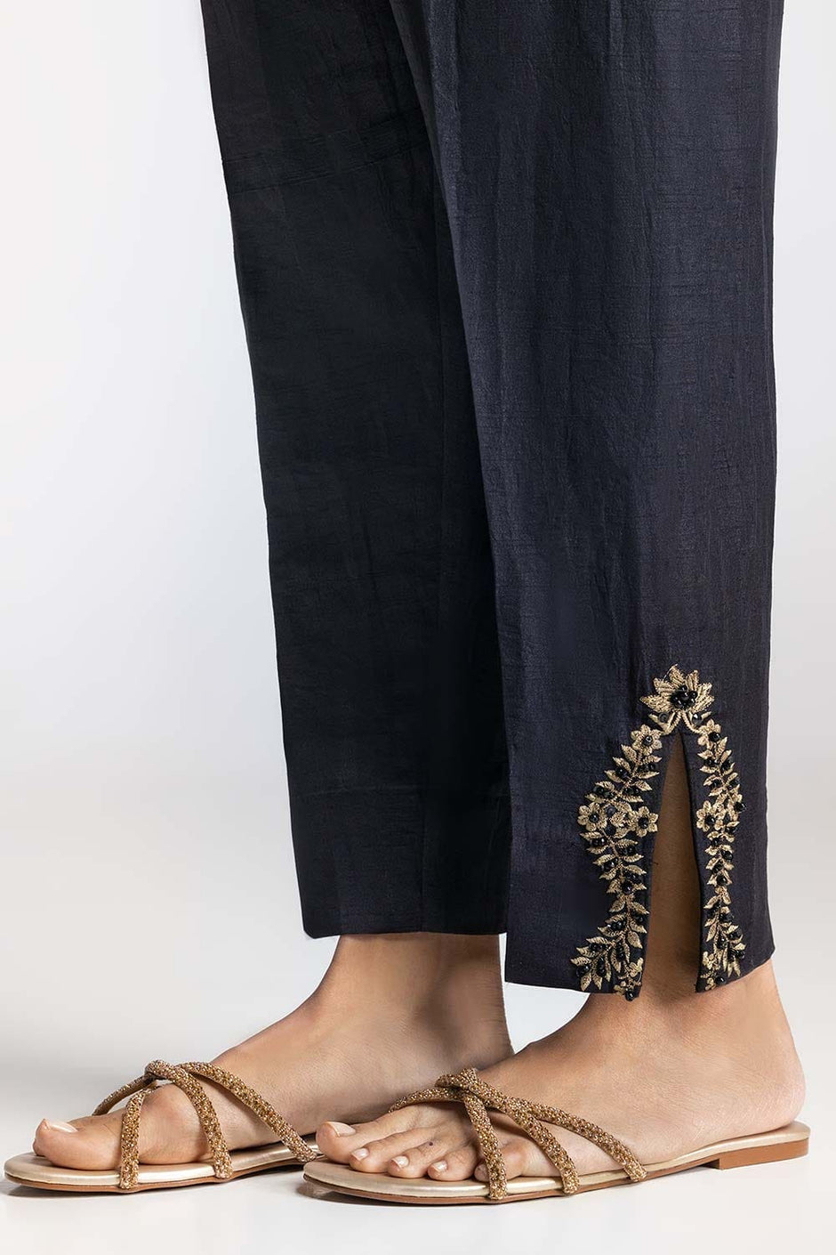 Black Dyed Embroidered Rawsilk Trouser TR-24-27