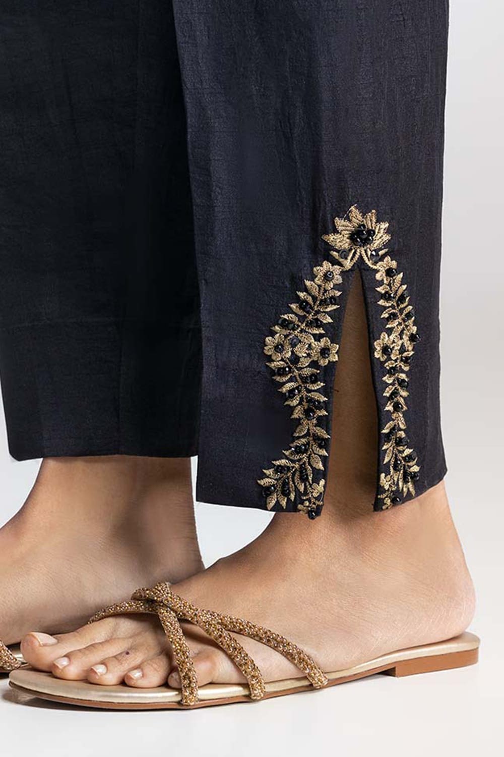Black Dyed Embroidered Rawsilk Trouser TR-24-27