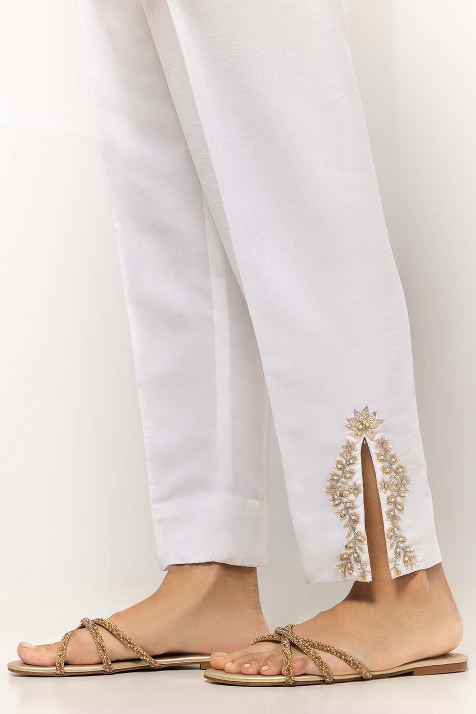 White Dyed Embroidered Rawsilk Trouser TR-24-27