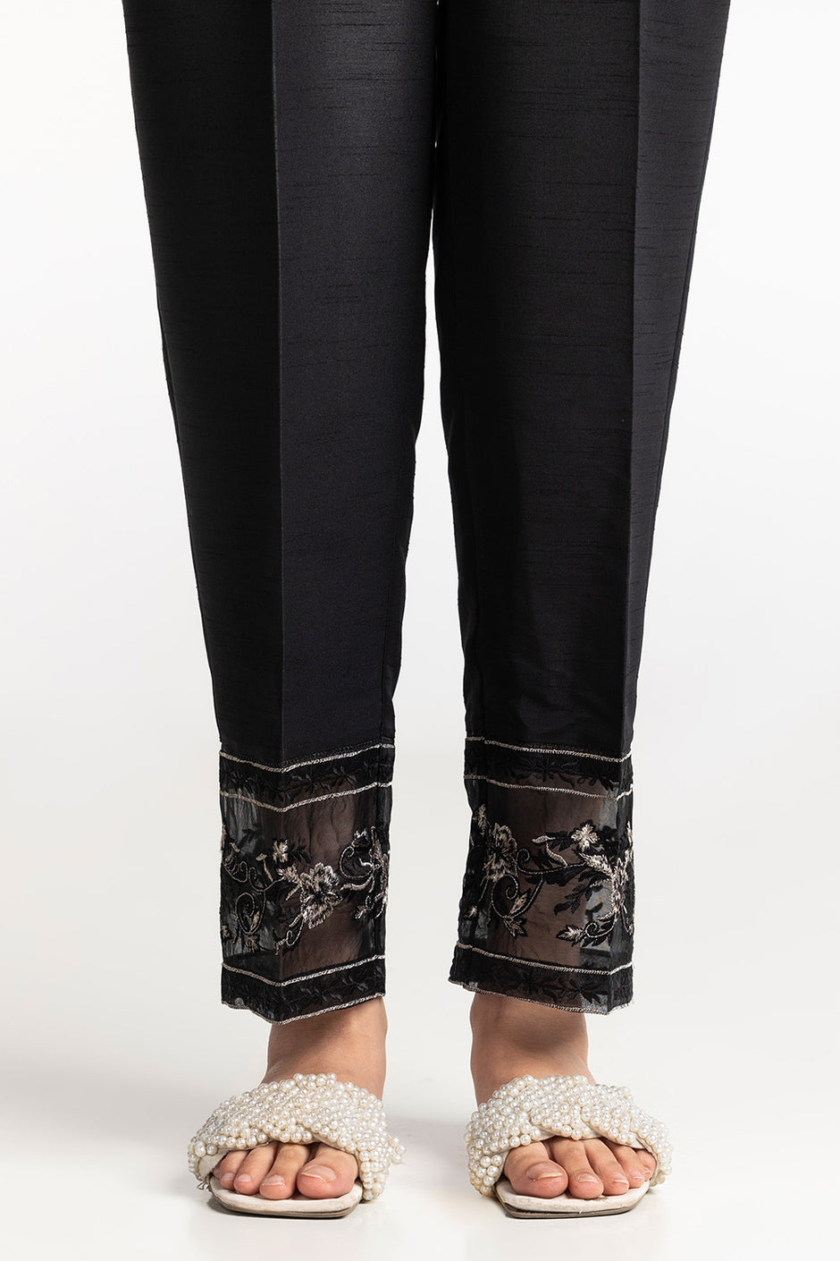 Black Rawsilk Embroidered Trouser