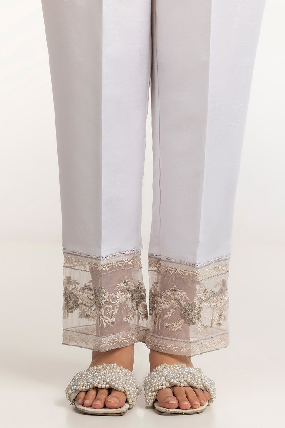 White Rawsilk Embroidered Trouser