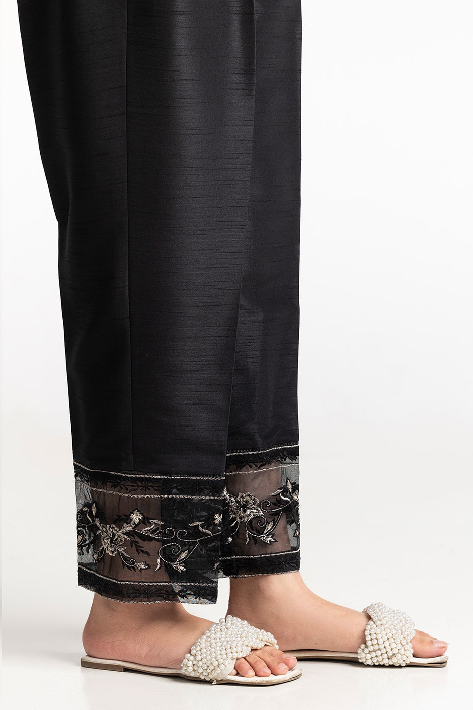 Black Rawsilk Embroidered Trouser