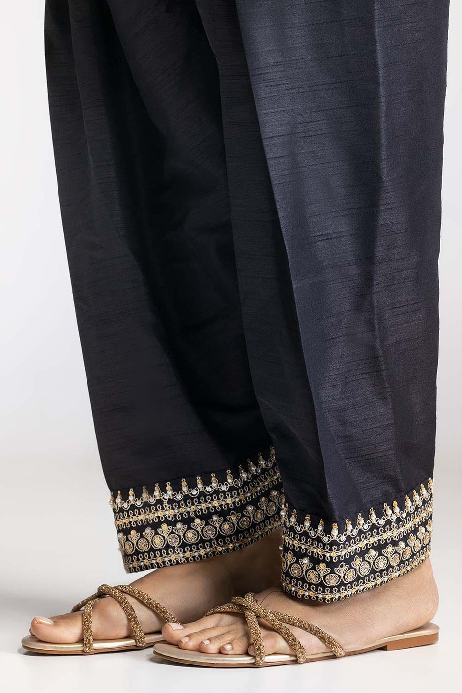 Black Dyed Embroidered Rawsilk Trouser TR-24-29