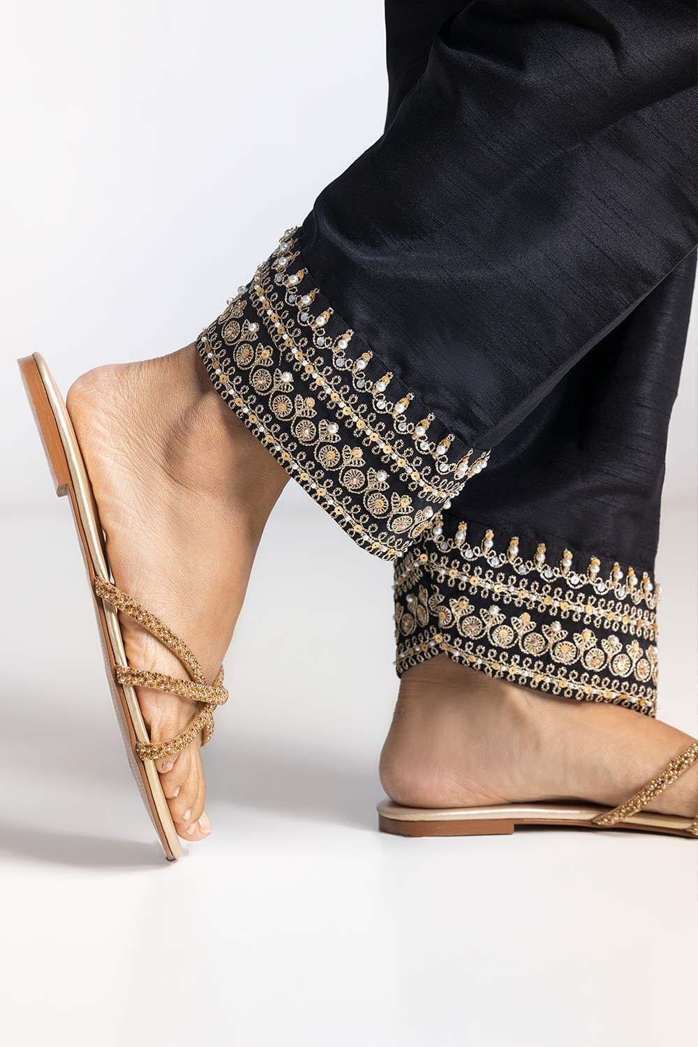 Black Dyed Embroidered Rawsilk Trouser TR-24-29