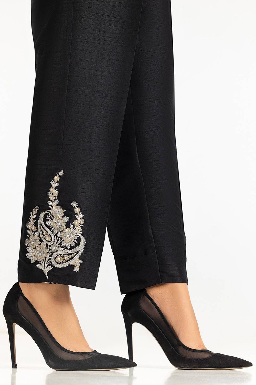 Black Rawsilk Embroidered Trouser TR-24-30