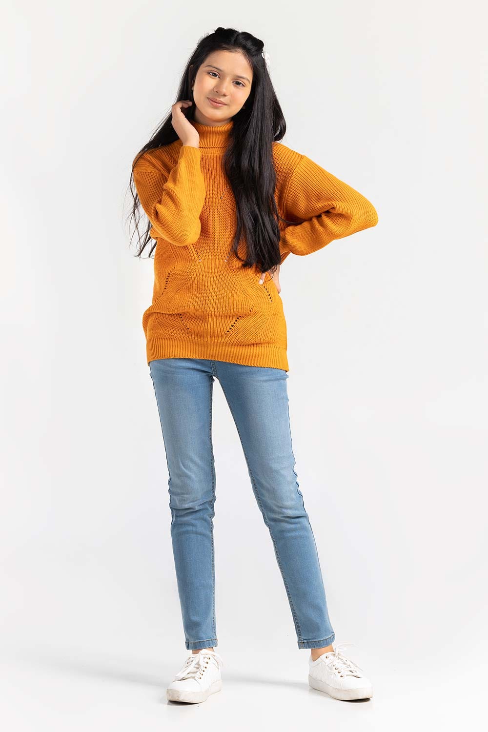 Yellow Cotton High Neck Sweater SWK-FW21-112