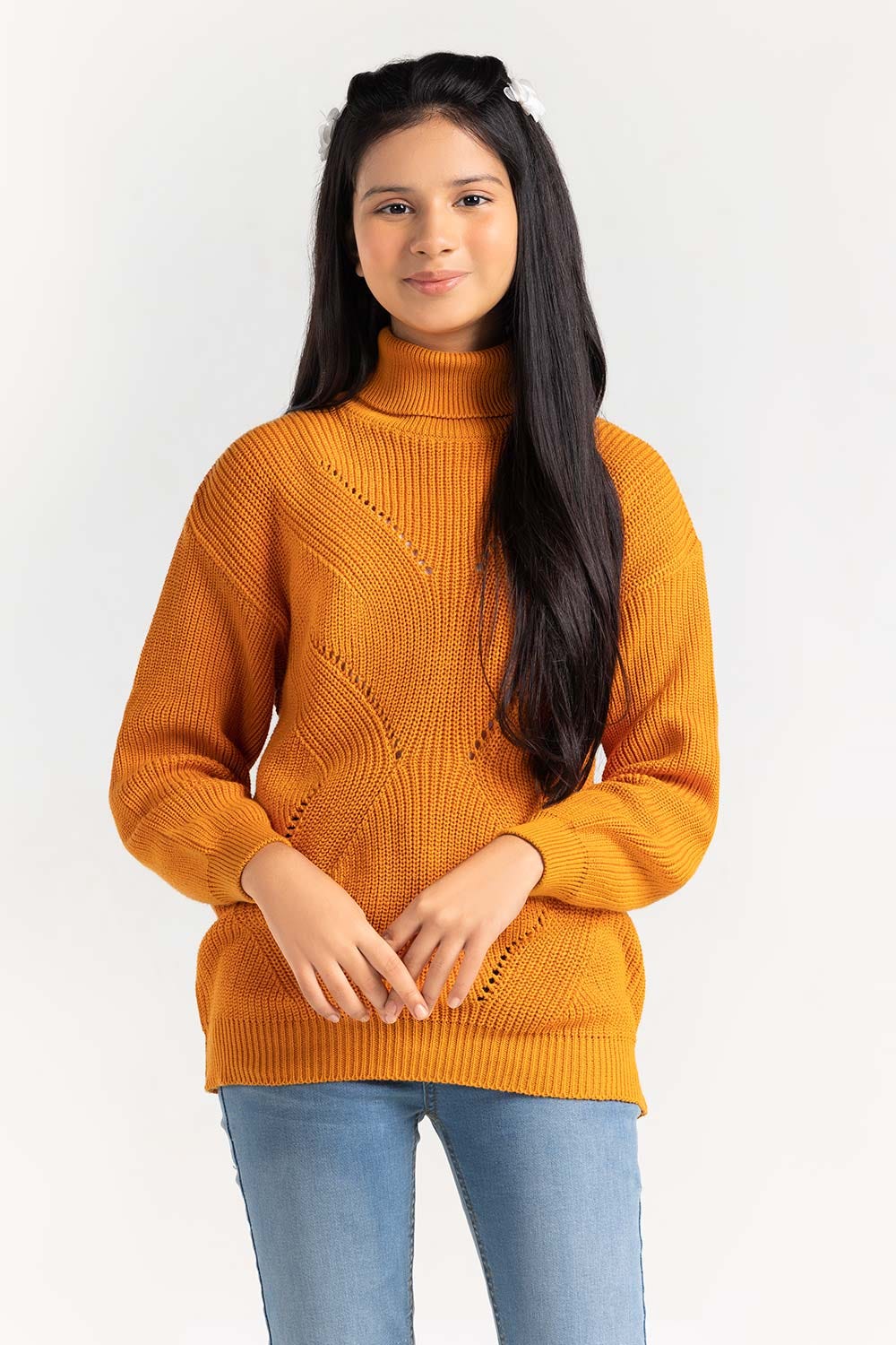 Yellow Cotton High Neck Sweater SWK-FW21-112