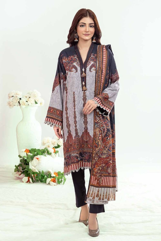 3 Piece Printed Chambray Unstitched Suit