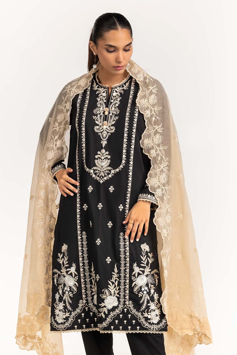 Cambric Dyed Embroidered Shirt And Trouser With Dupatta