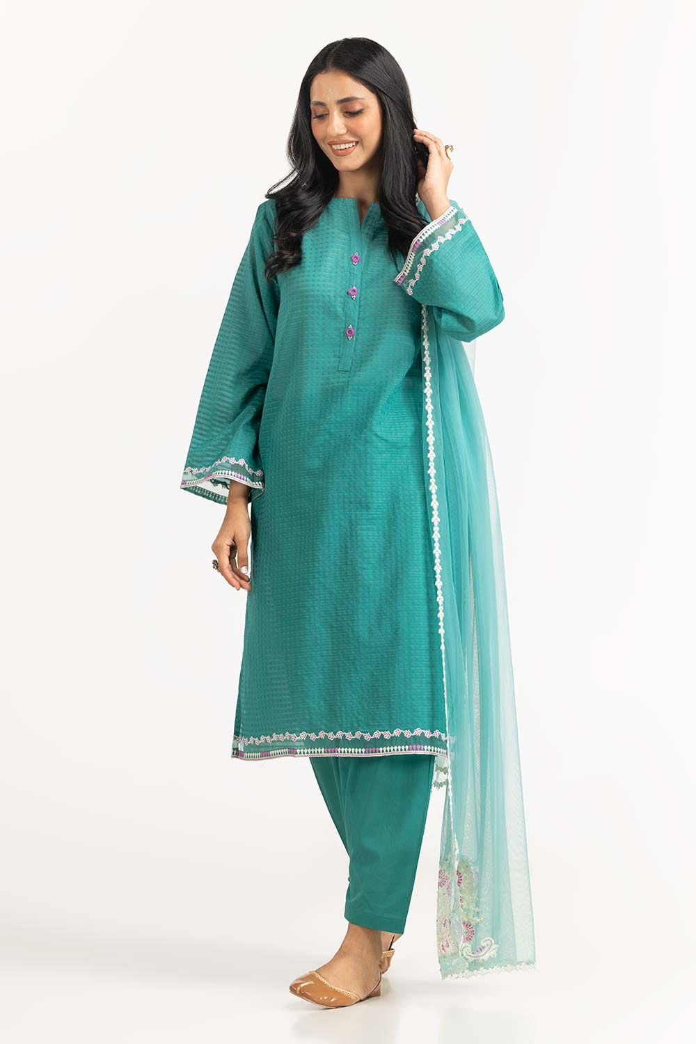 Tehwaar Lurax Dobby Dyed Embroidered Shirt And Trouser With Dupatta WGK-DBS-DE-2151