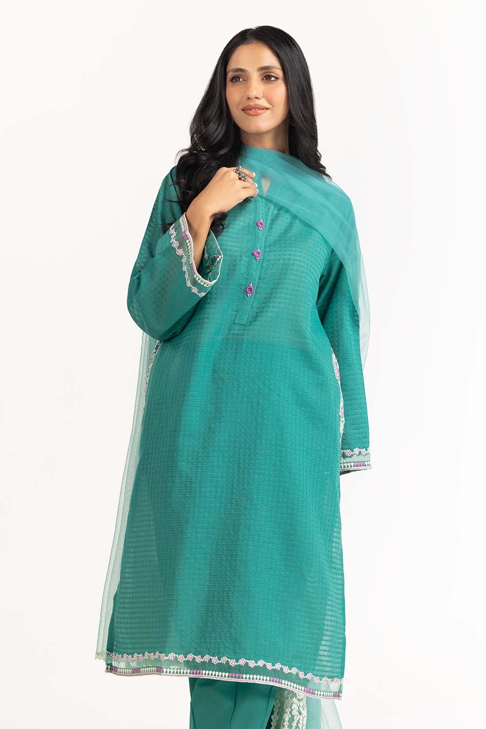 Tehwaar Lurax Dobby Dyed Embroidered Shirt And Trouser With Dupatta WGK-DBS-DE-2151