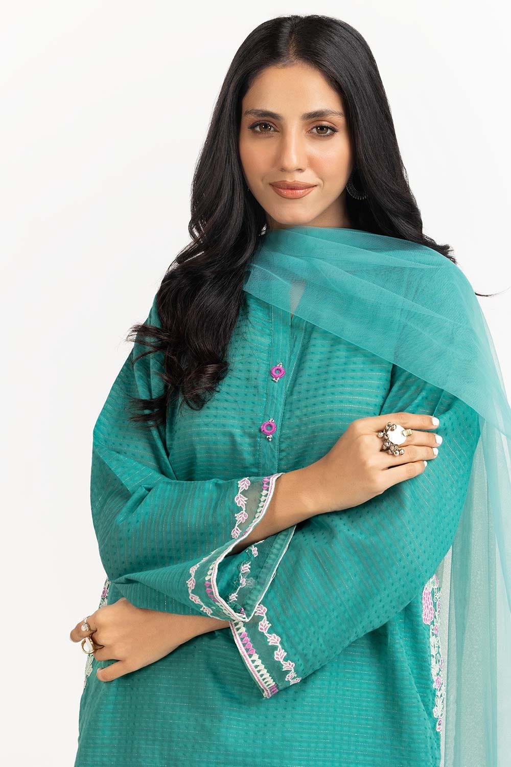 Tehwaar Lurax Dobby Dyed Embroidered Shirt And Trouser With Dupatta WGK-DBS-DE-2151