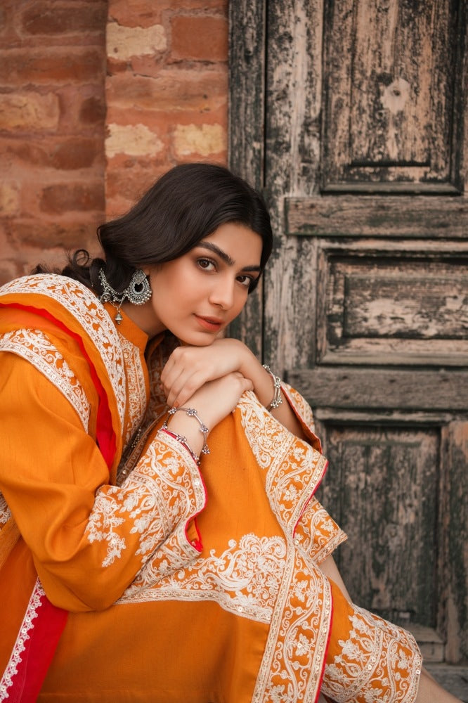 Raw Silk Embroidered Shirt And Trouser With Organza Dupatta