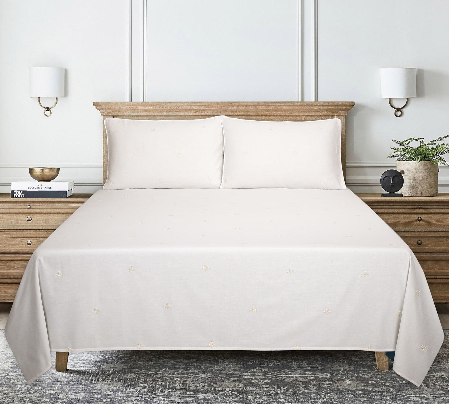 White Dyed Embroidered T-150 Bed Sheet Set