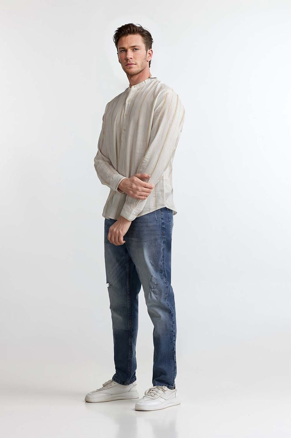 White Orange Stripe Casual Shirt MN-CS-SS24-007