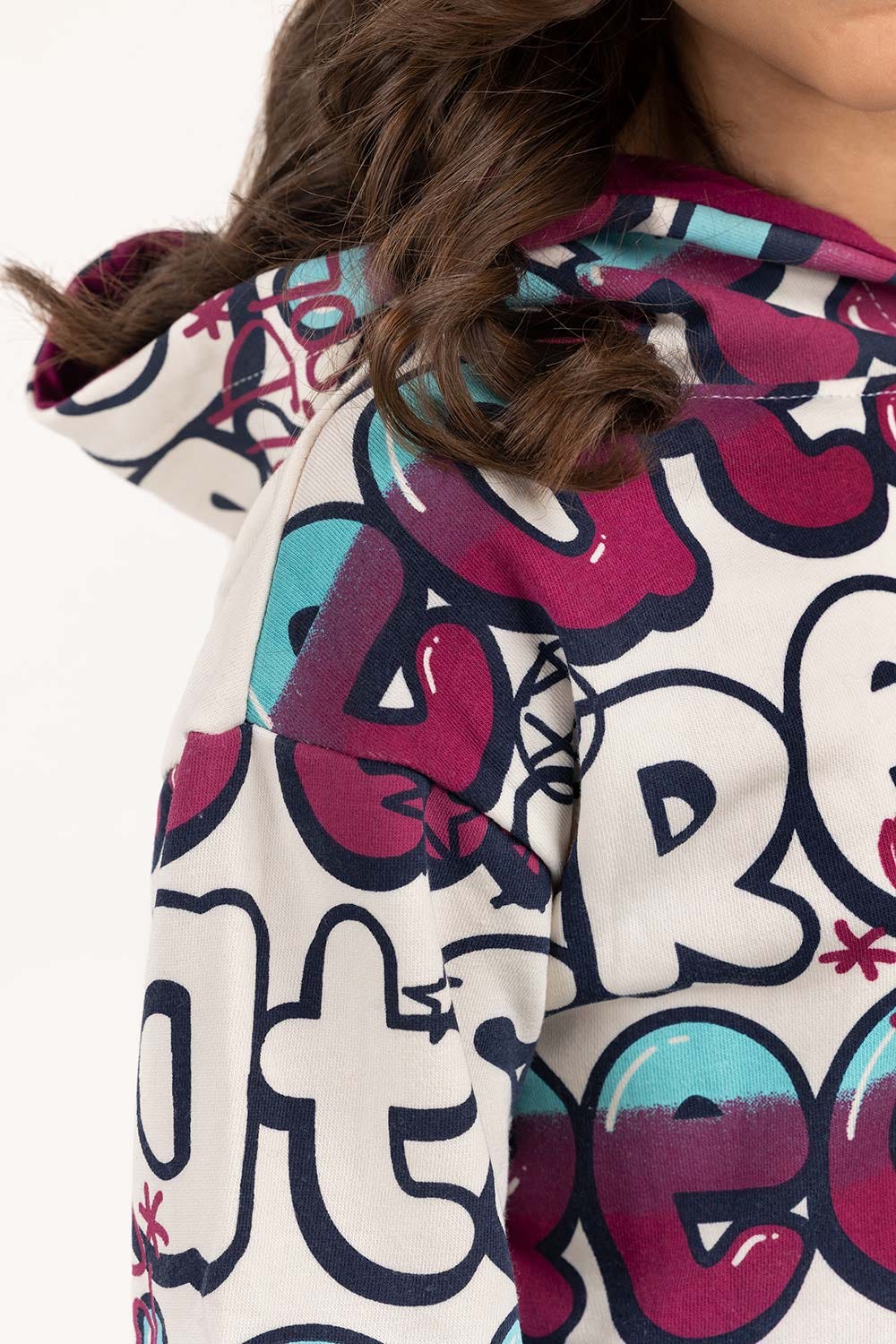 Junior Girl White Printed Hoodie 224-412-053