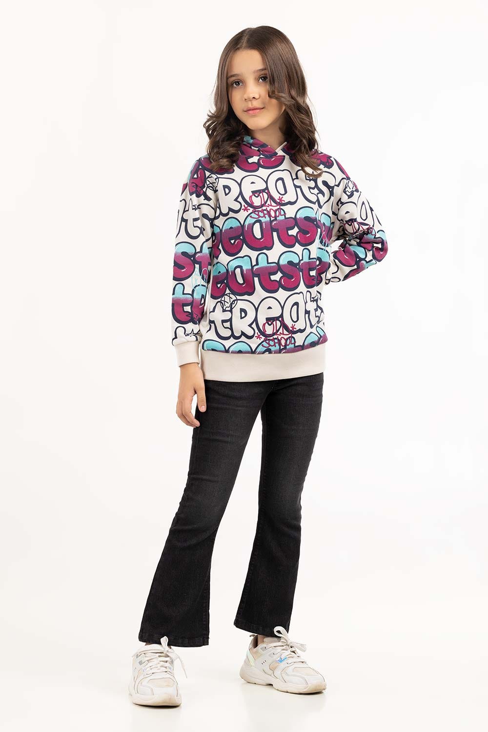 Junior Girl White Printed Hoodie 224-412-053