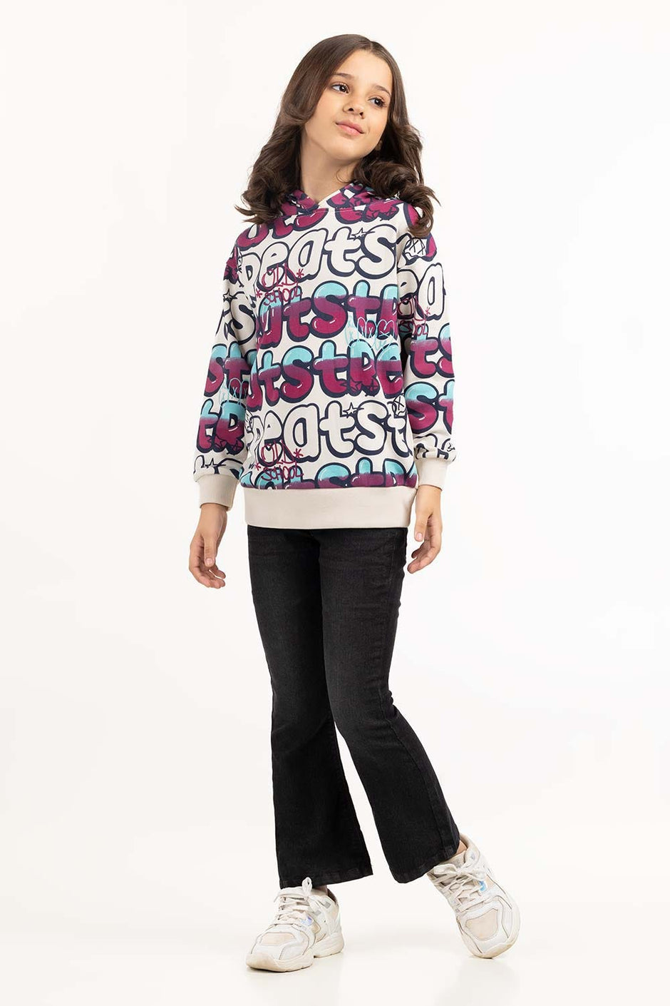 Junior Girl White Printed Hoodie 224-412-053