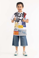 Junior Boy White Printed Knit Top JBKT-2210016