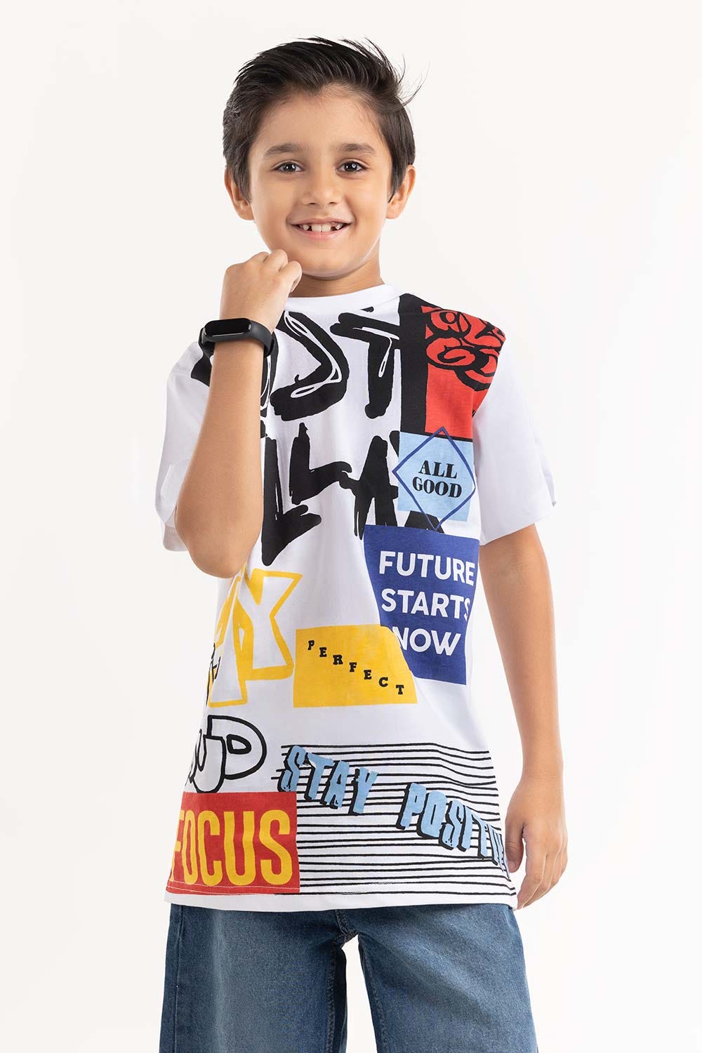 Junior Boy White Printed Knit Top JBKT-2210016