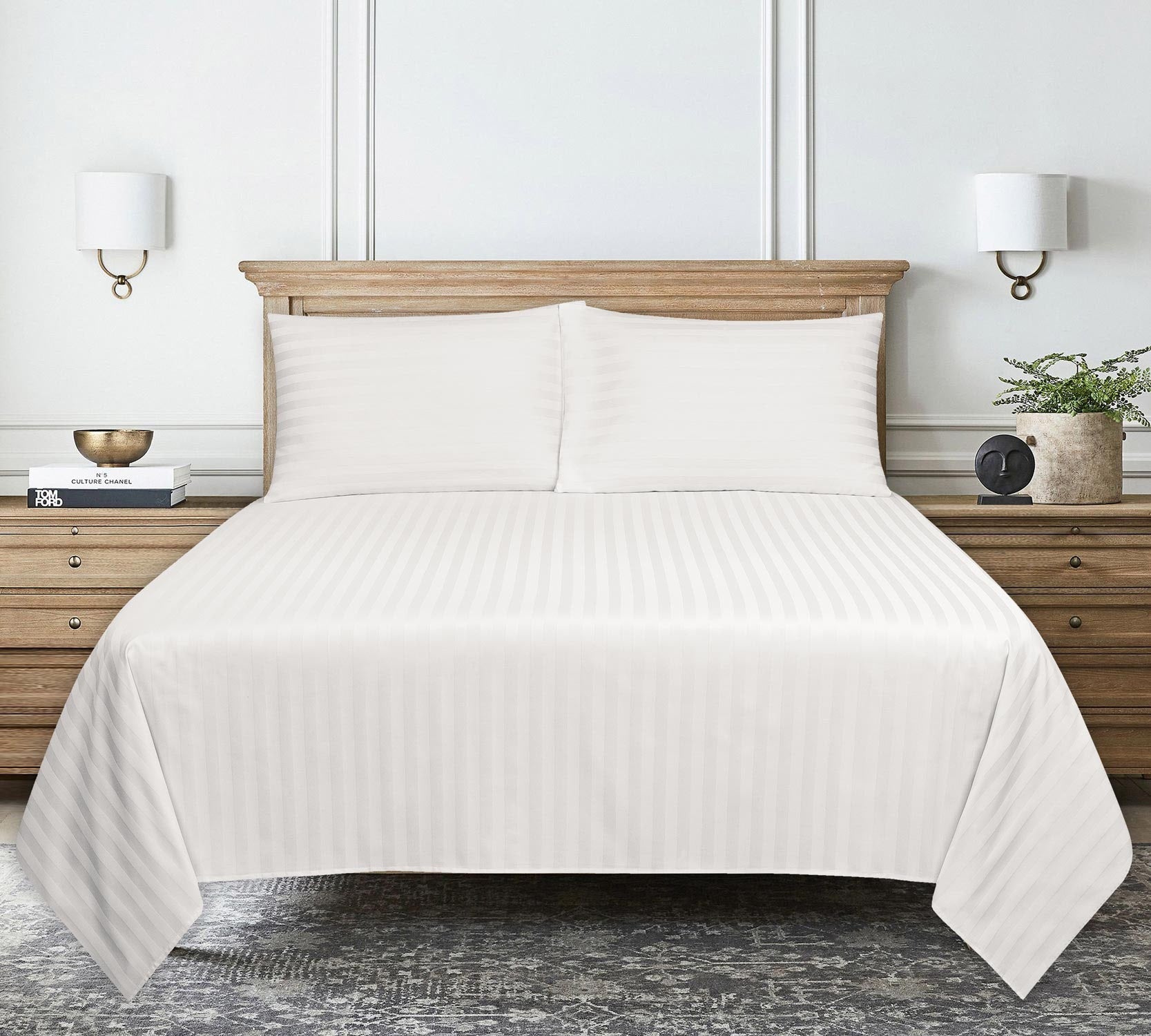 White Stripe Satin T-250 Bed Sheet Set 24