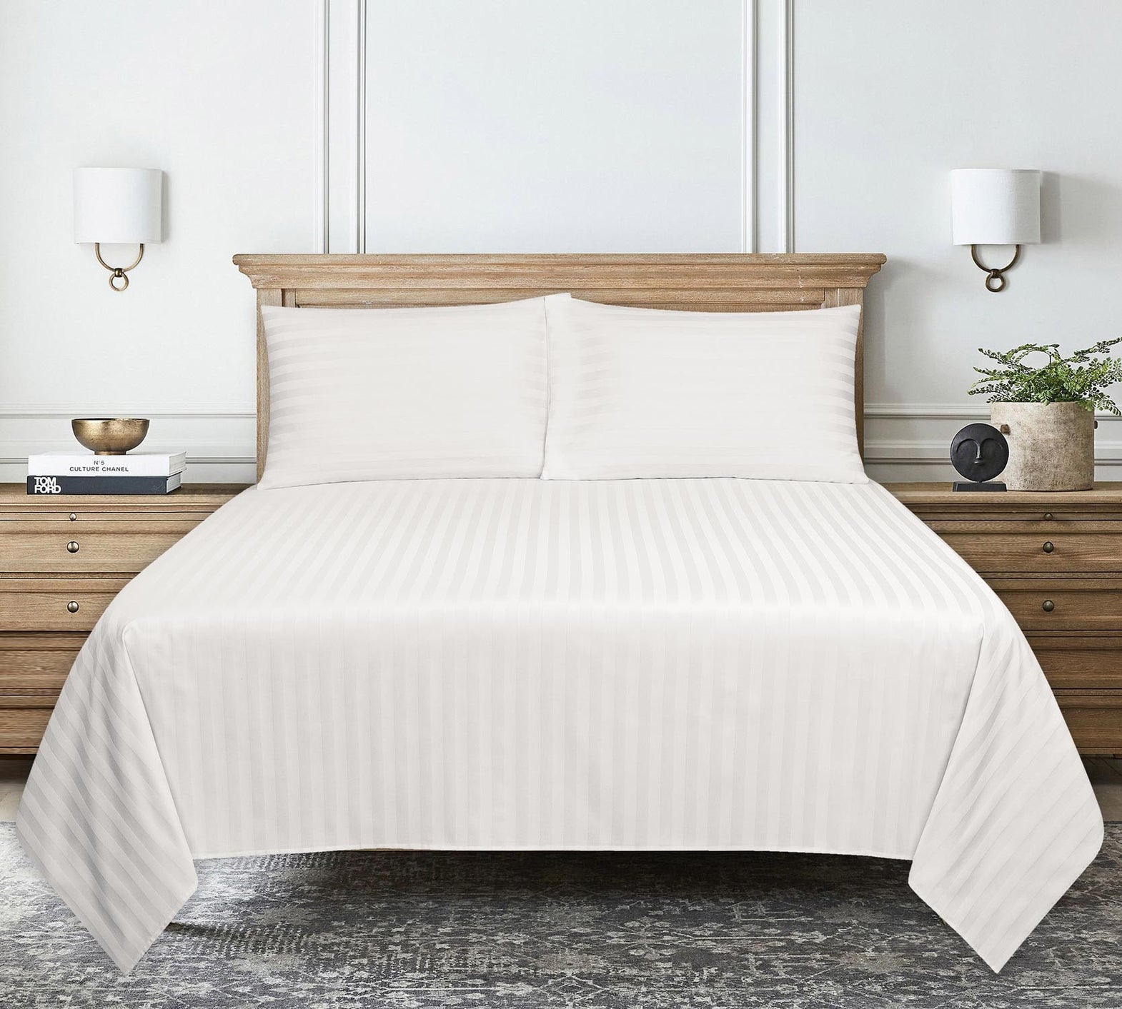 White Stripe Satin T-250 Bed Sheet Set 24