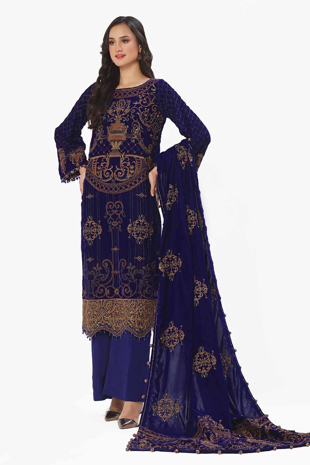 3 Piece Unstitched Embroidered Velvet Suit with Embroidered Velvet Dupatta WV-42001