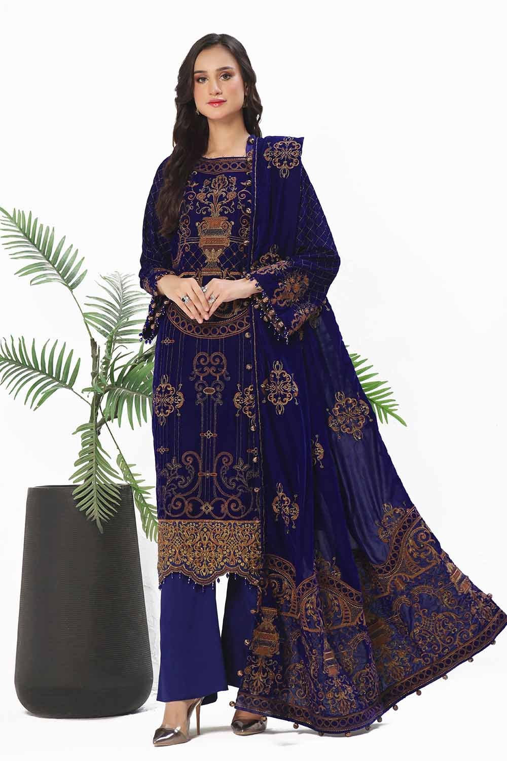 3 Piece Unstitched Embroidered Velvet Suit with Embroidered Velvet Dupatta WV-42001