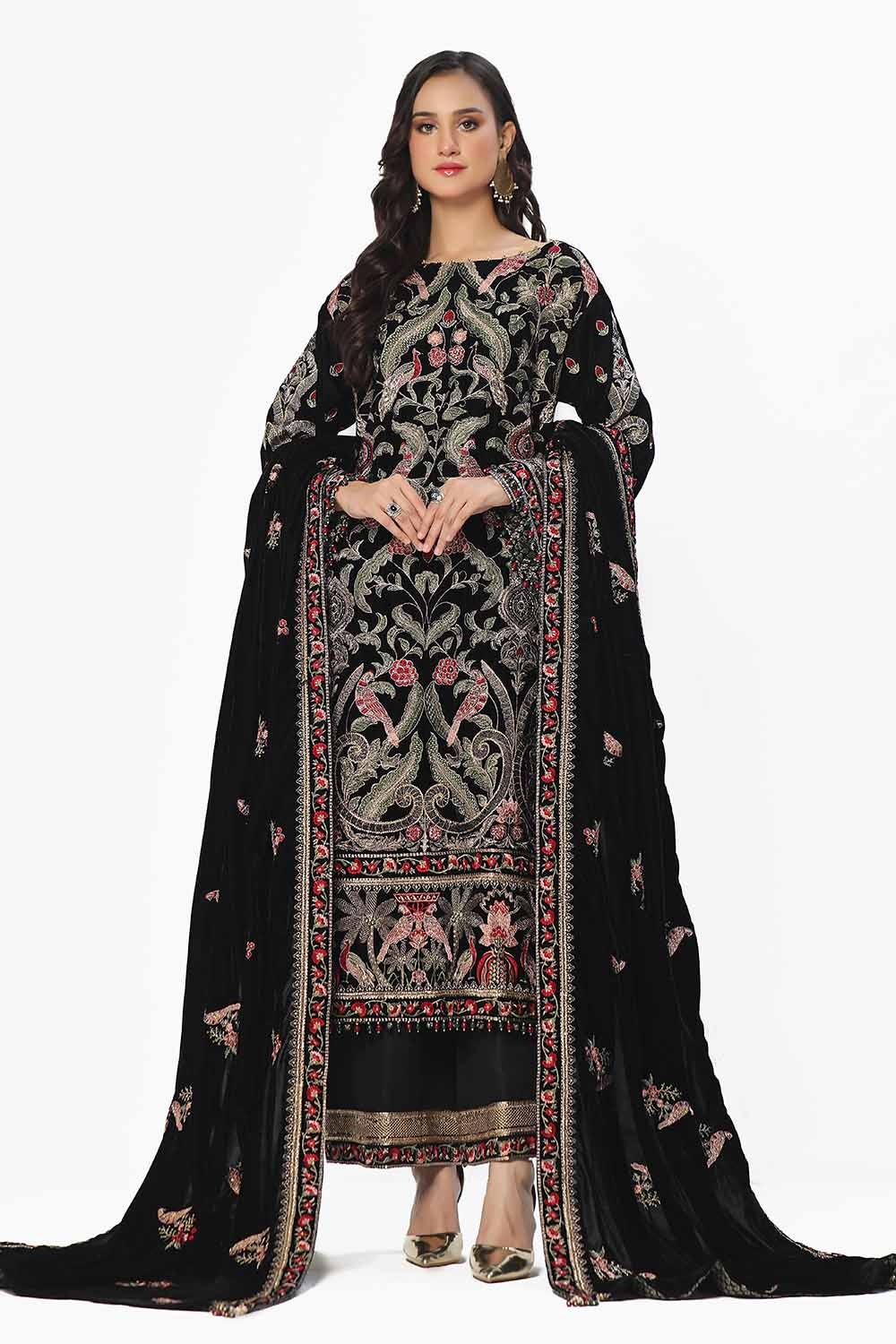 3 Piece Unstitched Embroidered Velvet Suit with Embroidered Velvet Dupatta WV-42002