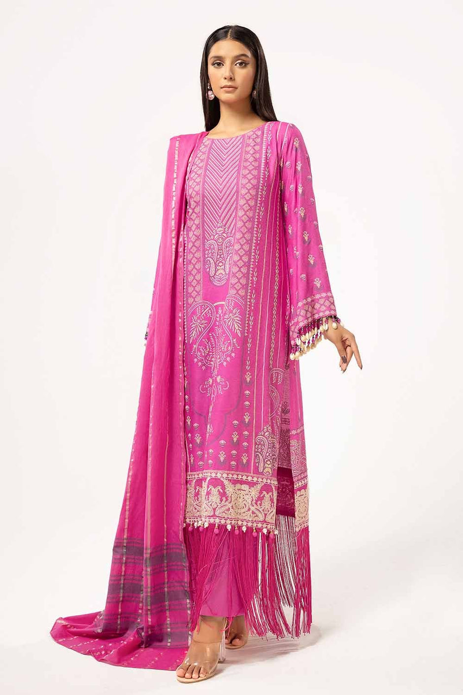 3 Piece Unstitched Lacquer Printed Stripe Karandi Suit with Yarn Dyed Dupatta