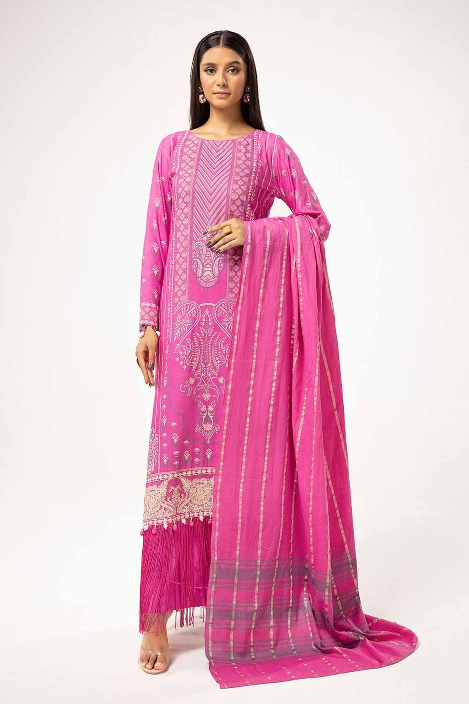 3 Piece Unstitched Lacquer Printed Stripe Karandi Suit with Yarn Dyed Dupatta